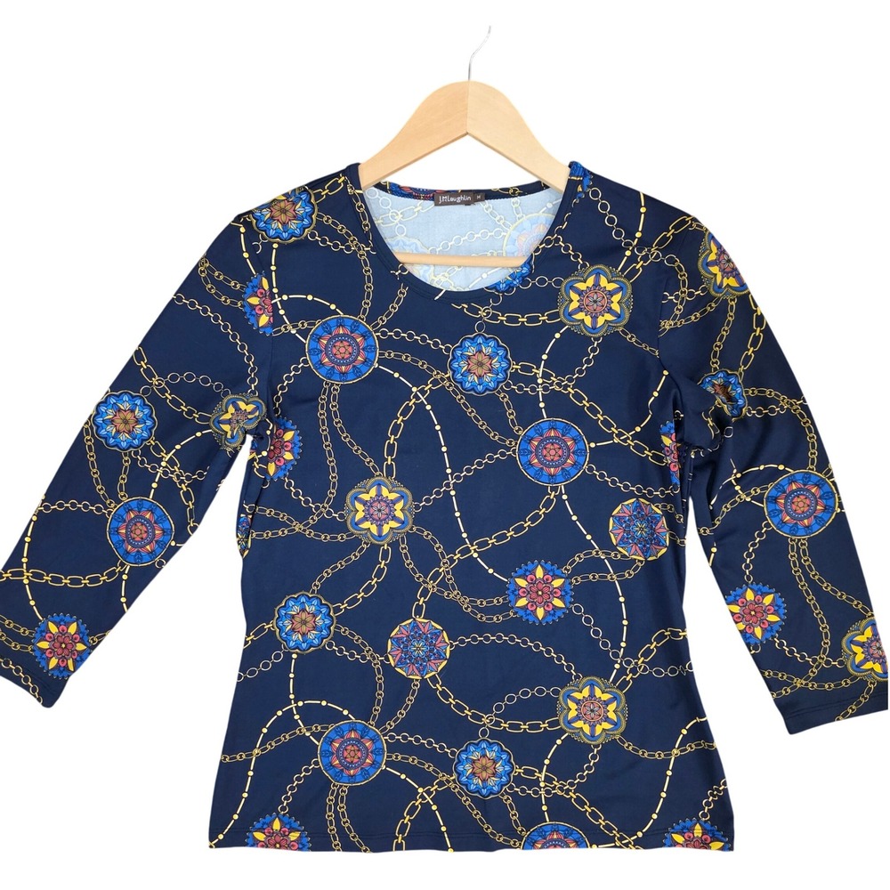 J MCLAUGHLIN Chain Print Top Sz‎ M Navy Gold Catalina Cloth Coastal Chic Preppy